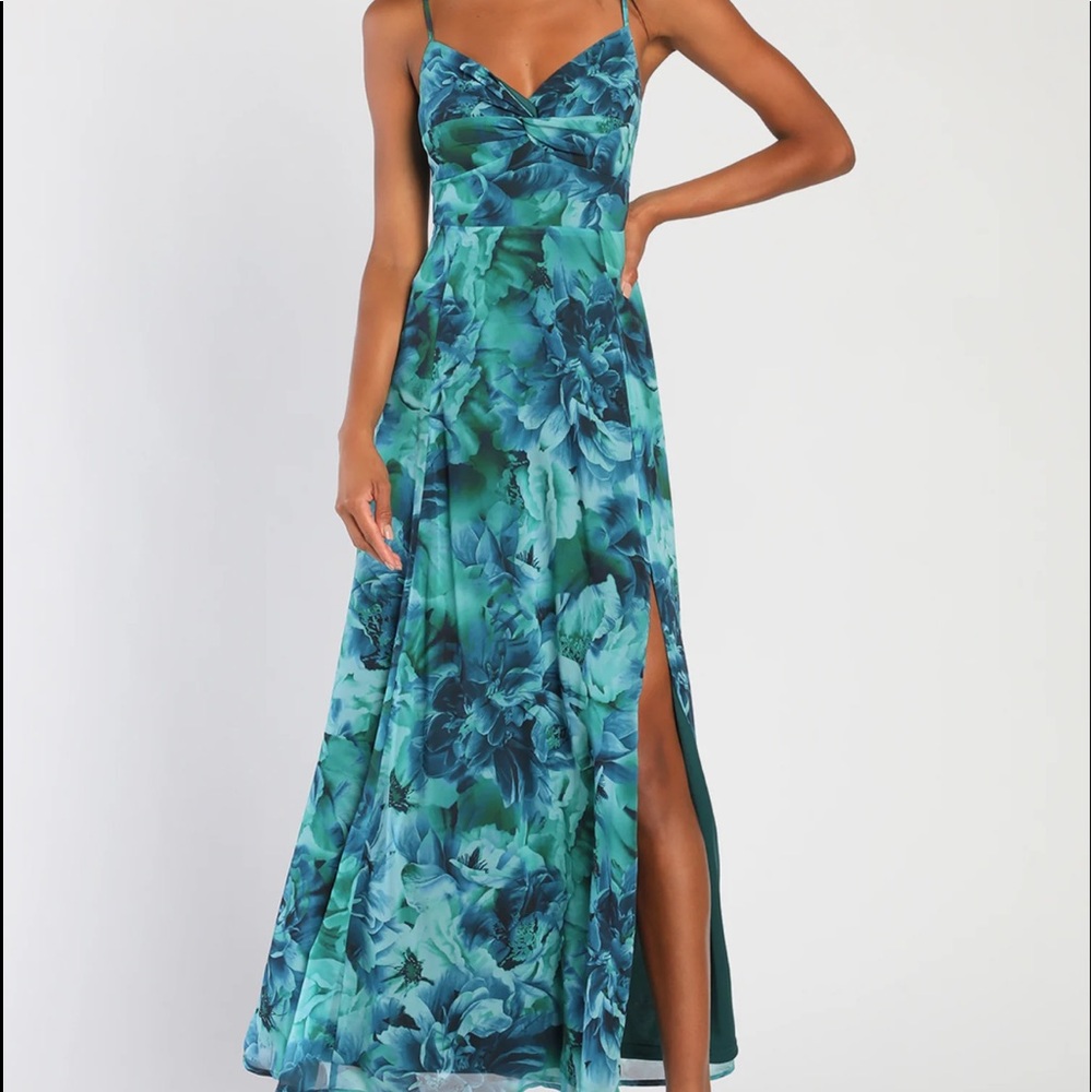 Lulu's Teal & Navy Floral Maxi Dress